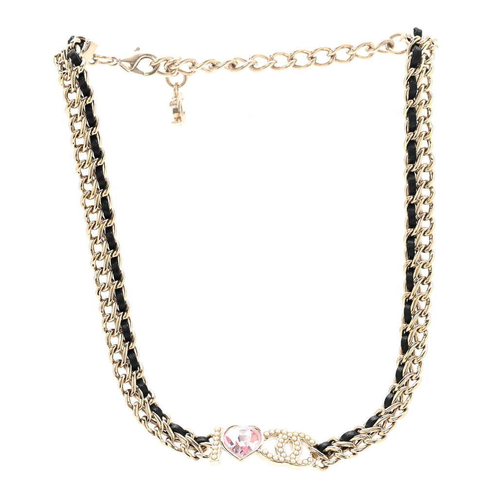 Chanel Metal Lambskin Crystal I Heart CC Choker Necklace Gold Black