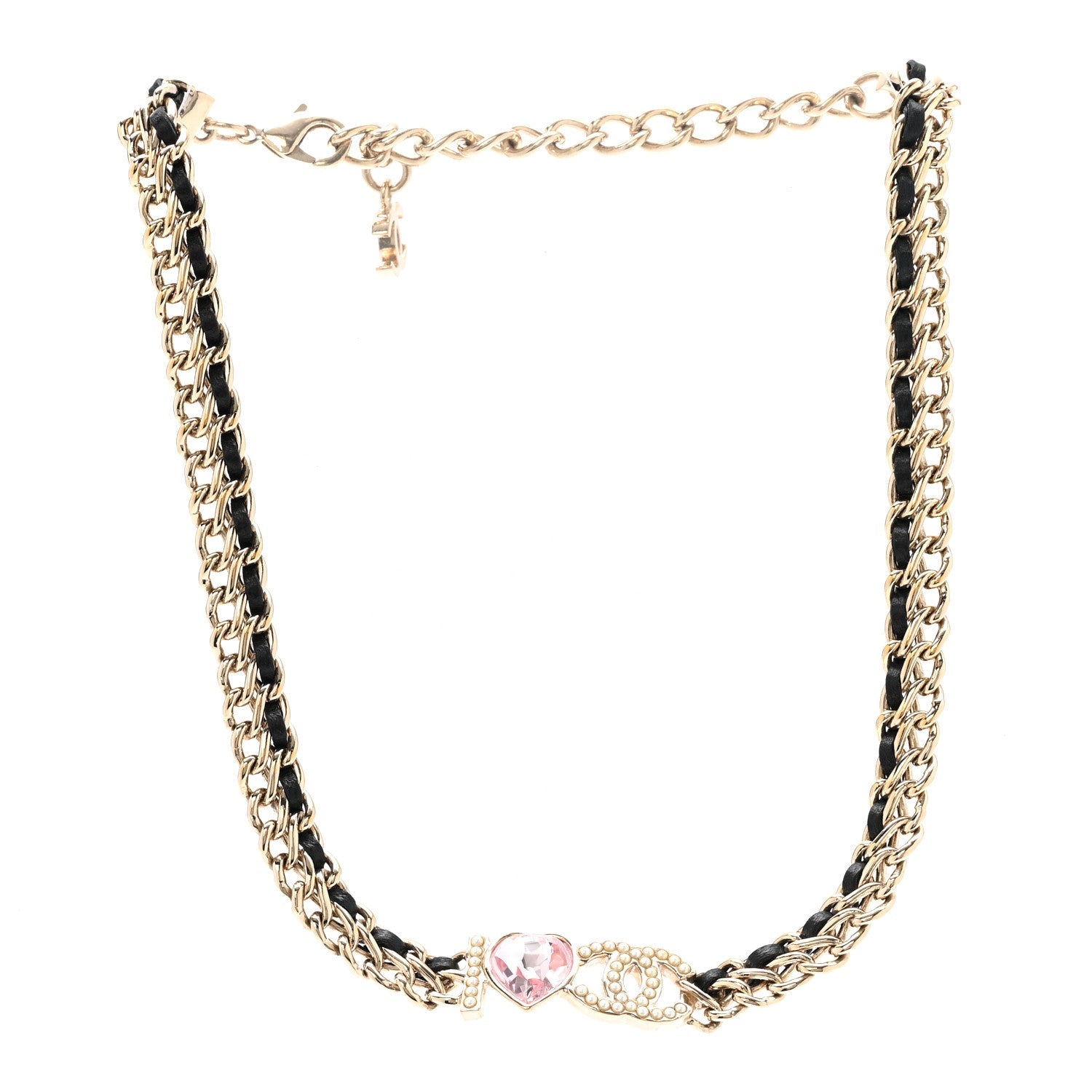 Chanel Metal Lambskin Crystal I Heart CC Choker Necklace Gold Black