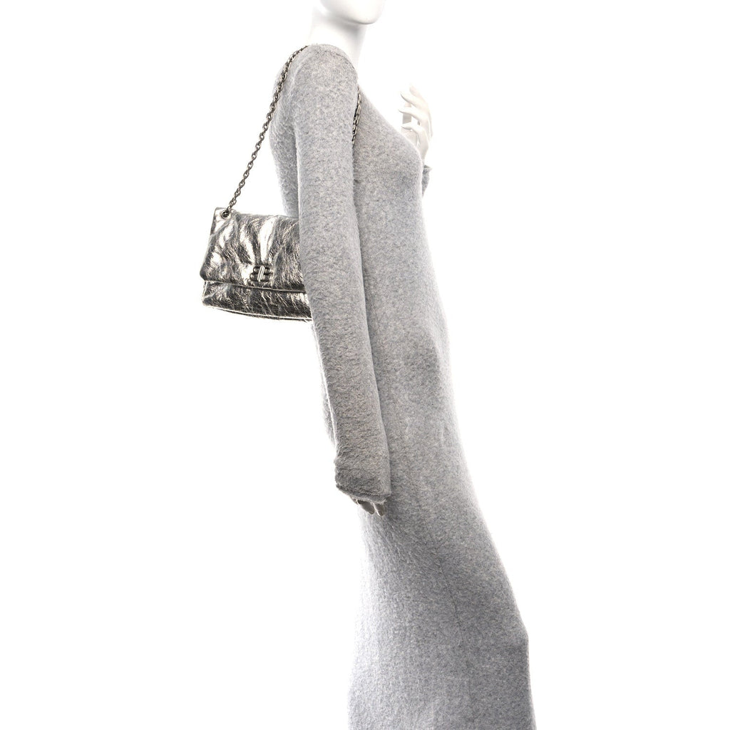 Balenciaga Metallized Arena Calfskin MIni Monaco Chain Shoulder Bag Silver