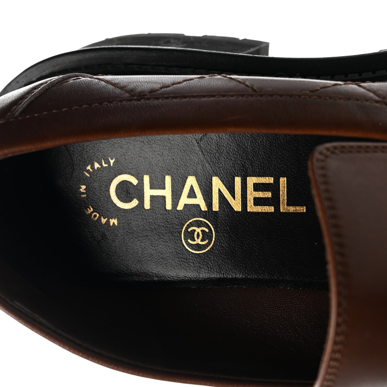 Chanel Calfskin Quilted CC Mocassin Loafers 36 Brown