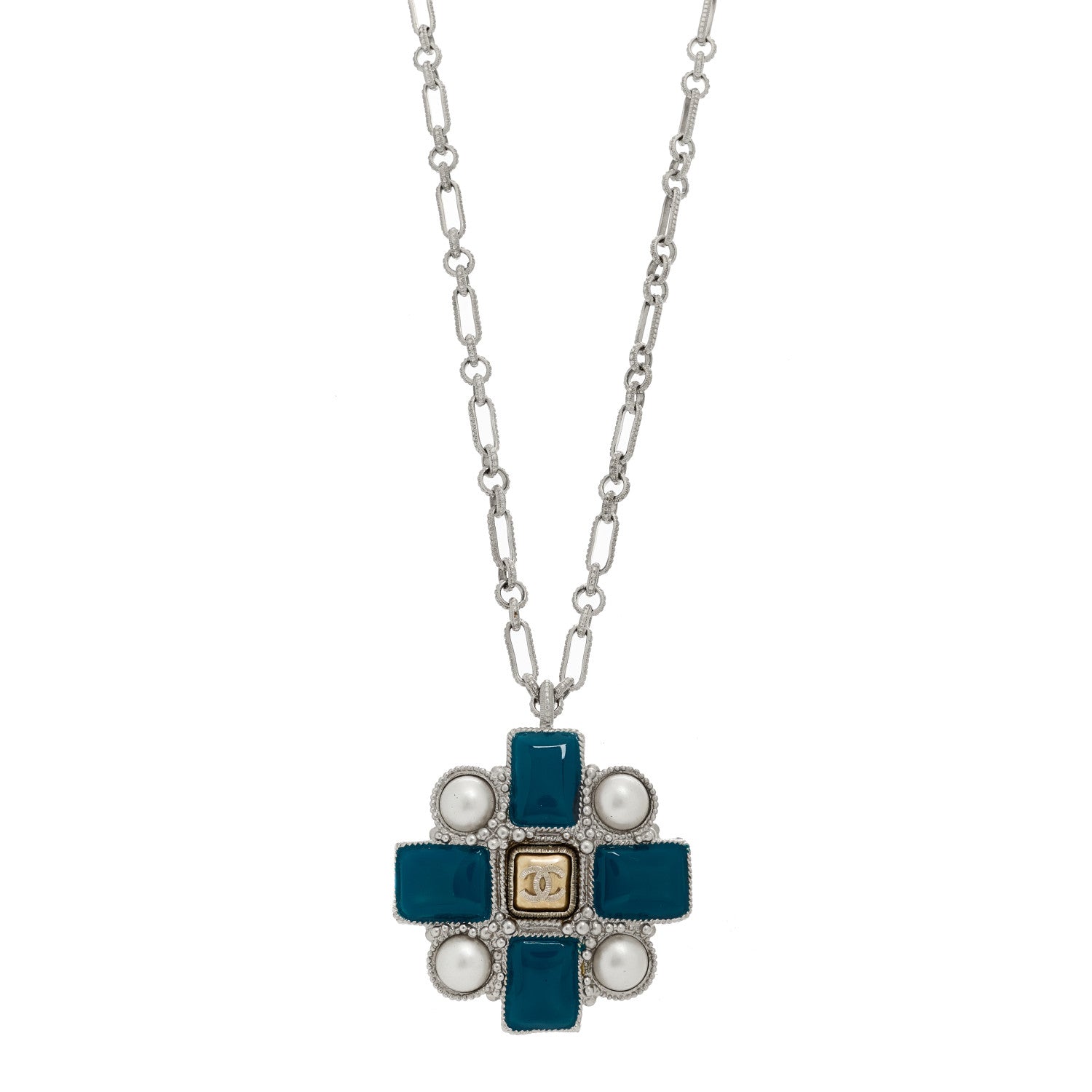 Chanel Gripoix Poured Glass Pearl CC Pendant Necklace Turquoise Silver