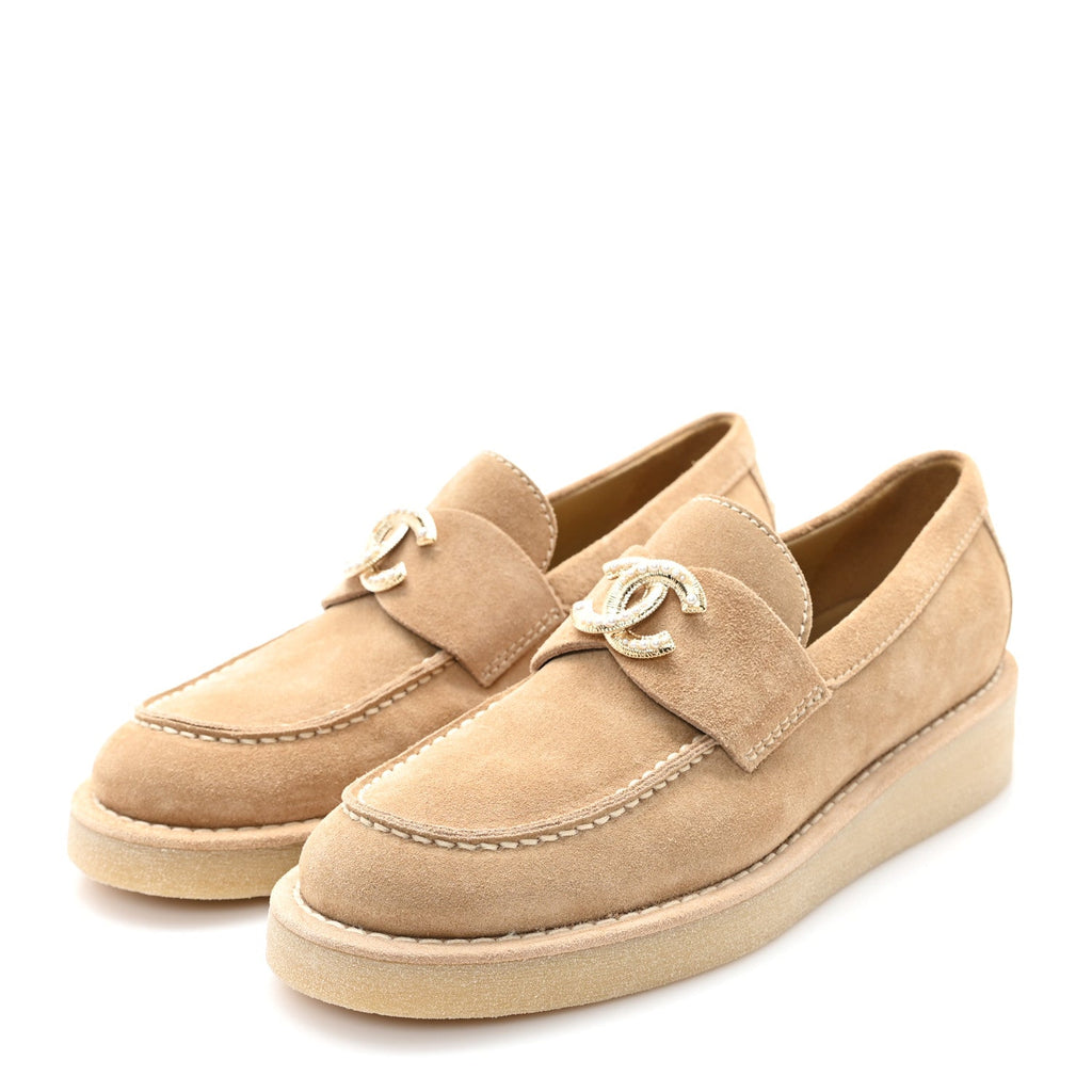 Chanel Suede Calfskin Pearl CC Moccasin Loafers 36.5 Dark Beige