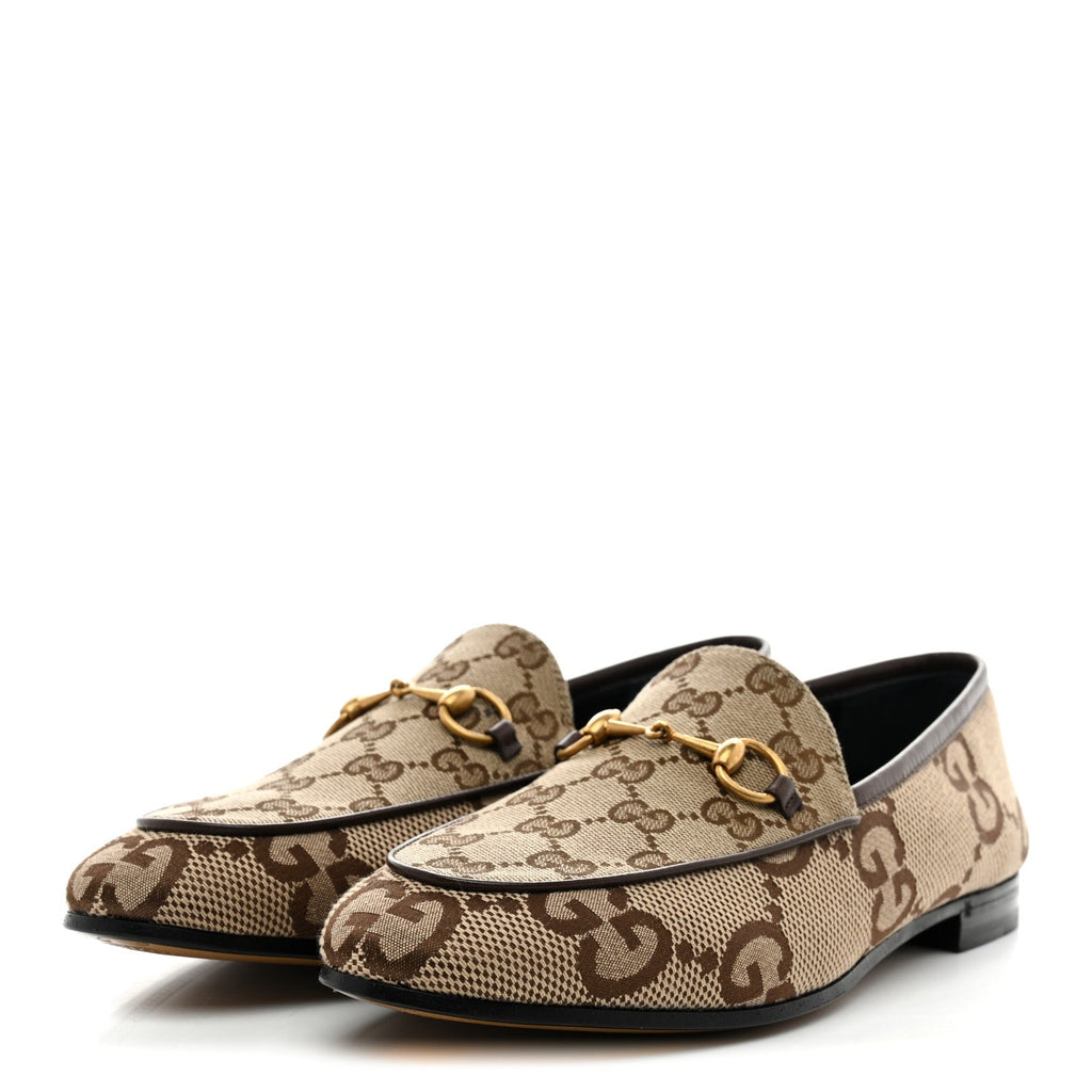 Gucci Monogram Jumbo GG Malaga Kid Horsebit Womens Jordaan Loafers 40 Camel Ebony New Acero Beige