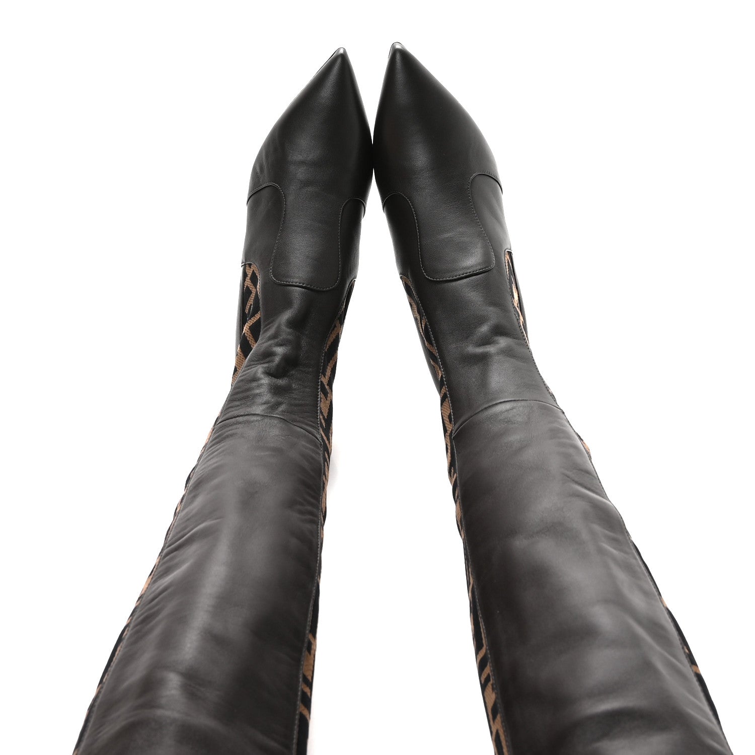 Fendi Nappa Microfiber Fabric FF Rockoko Thigh High Boots 37 Ebano Tobacco Black