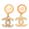 Chanel Pearl Crystal CC Drop Clip On Earrings Gold
