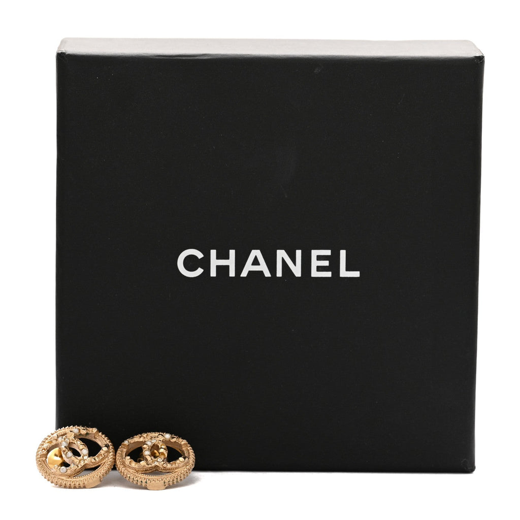 Chanel Pearl Crystal CC Round Earrings Gold