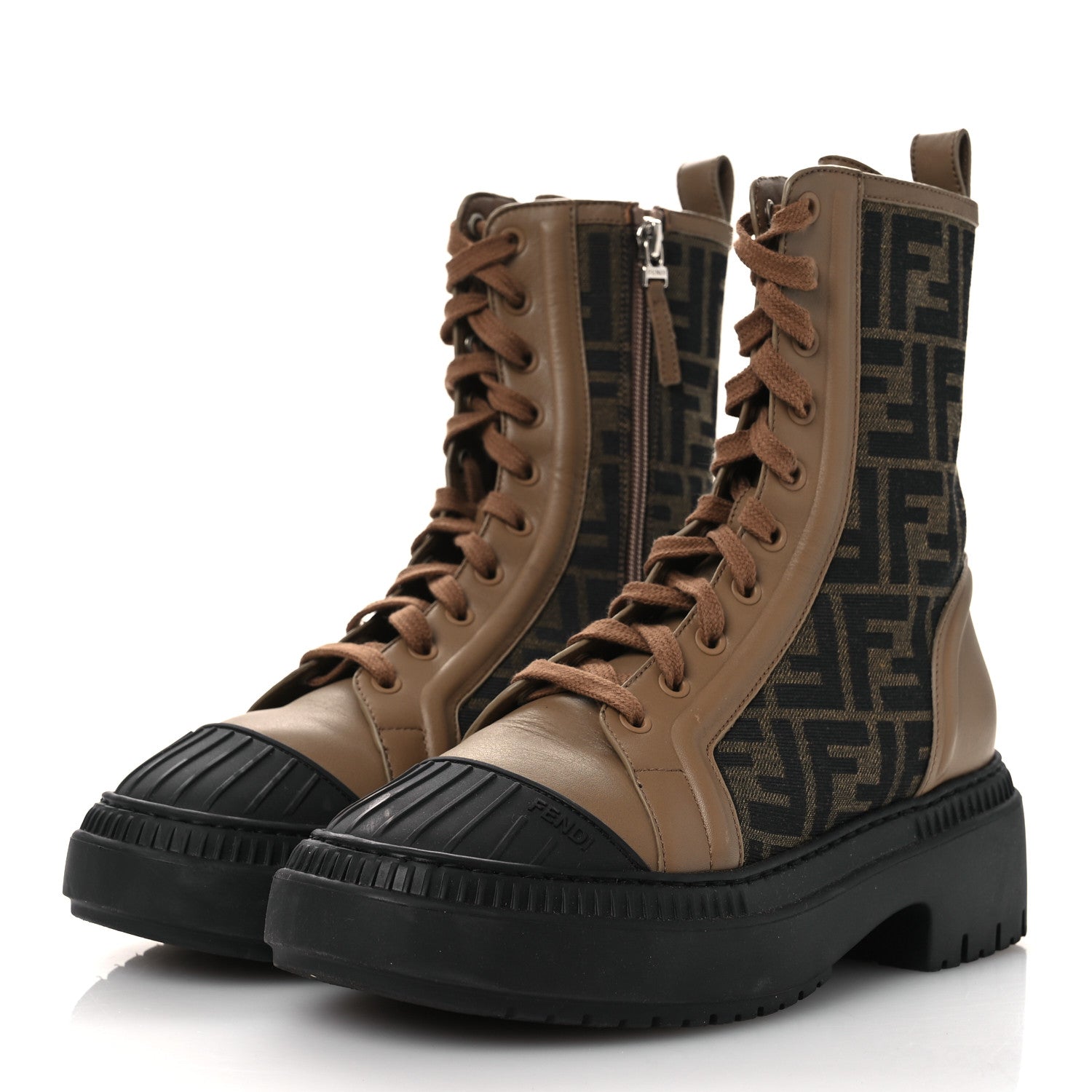 Fendi Fabric Jacquard Vitello FF Domino 50mm Biker Boots 38 Tobacco Black Sand