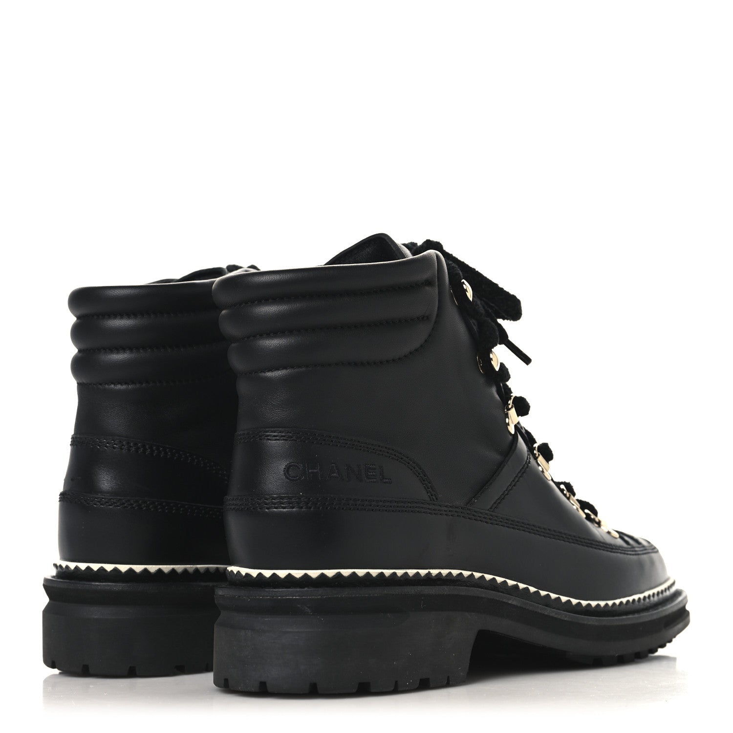 Chanel Calfskin Lambskin Lace Up Boots 37.5 Black