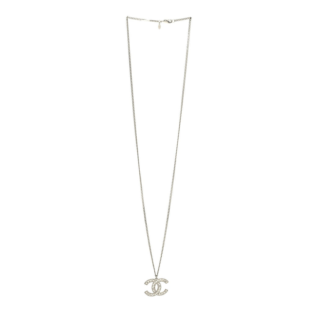 Chanel Metal Crystal CC Long Chain Necklace Silver