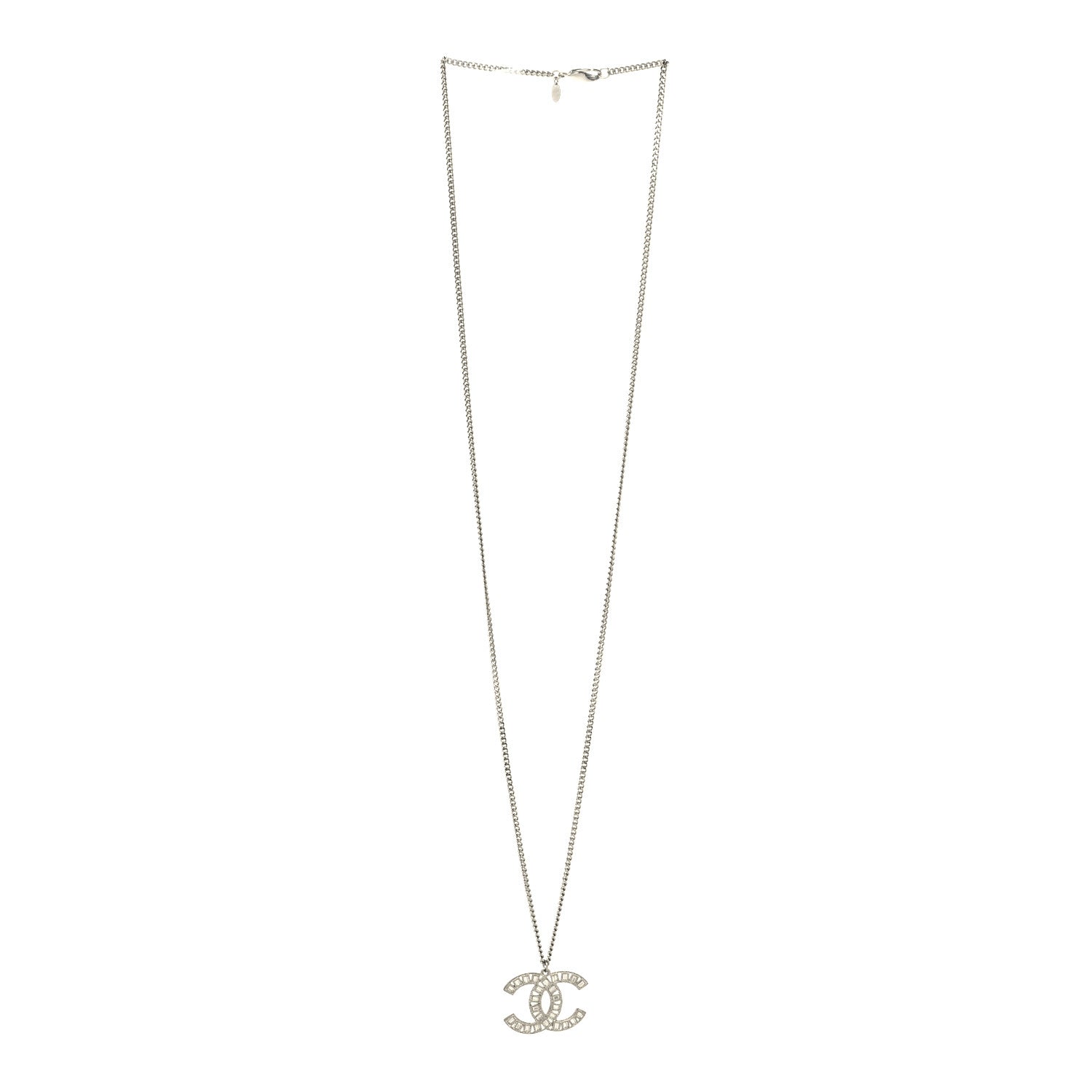 Chanel Metal Crystal CC Long Chain Necklace Silver
