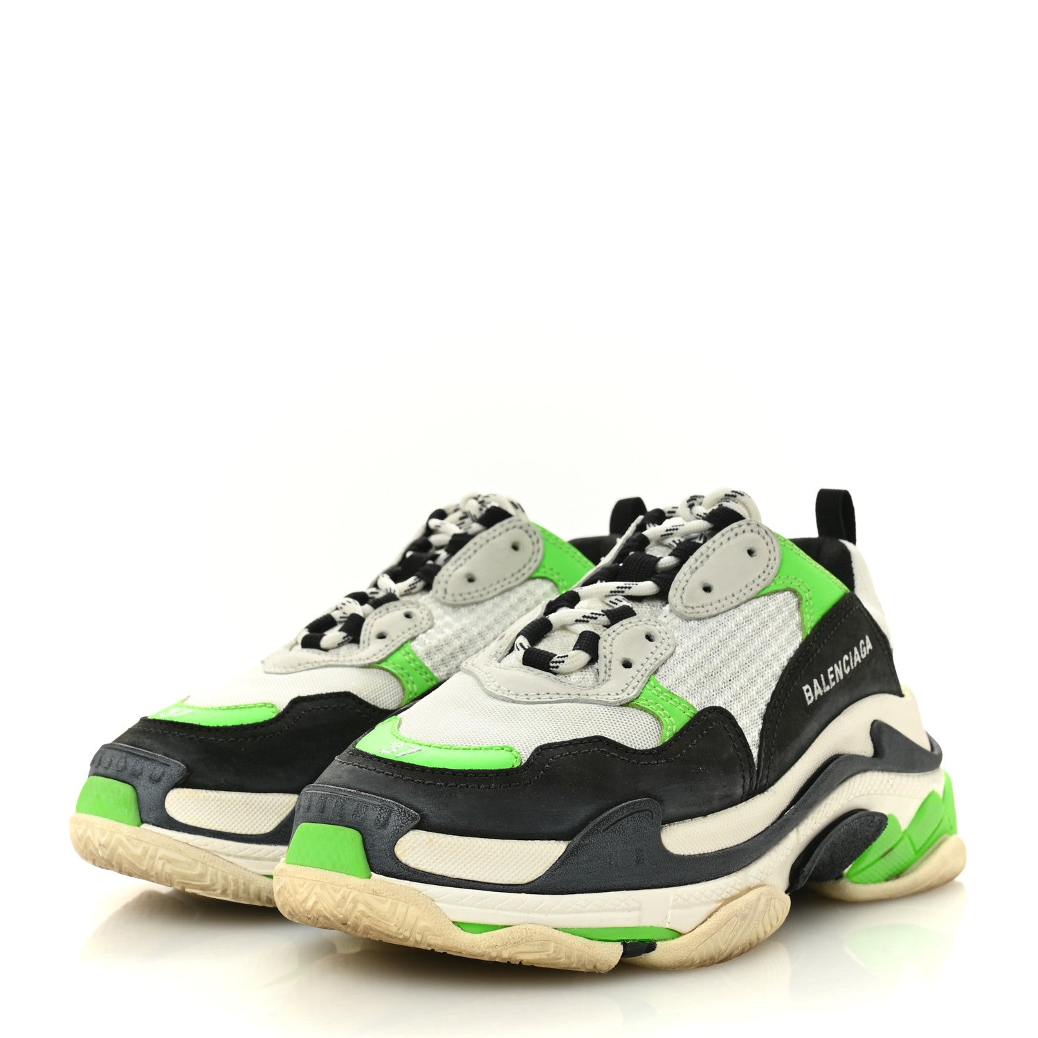 Balenciaga Fabric Mesh Womens Triple S Sneakers 37 White Green Fluo Black