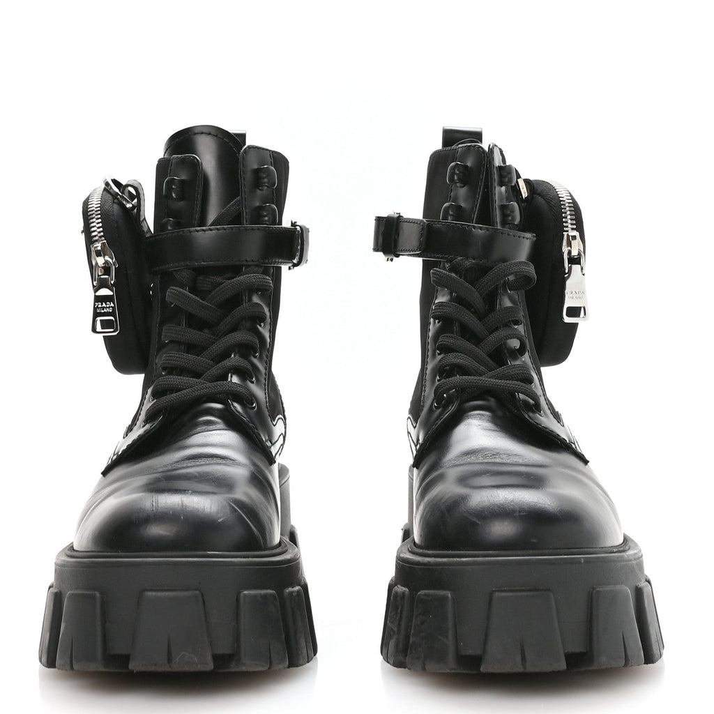 Prada Spazzolato Rois Nylon Metal Triangle Logo Monolith Pouch Pocket 55mm Boots 37 Black