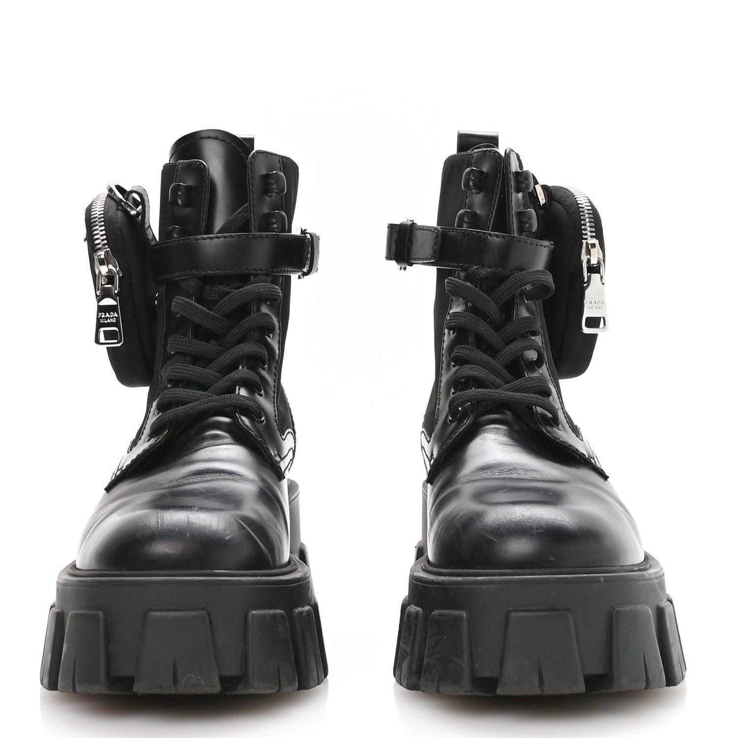 Prada Spazzolato Rois Nylon Metal Triangle Logo Monolith Pouch Pocket 55mm Boots 37 Black