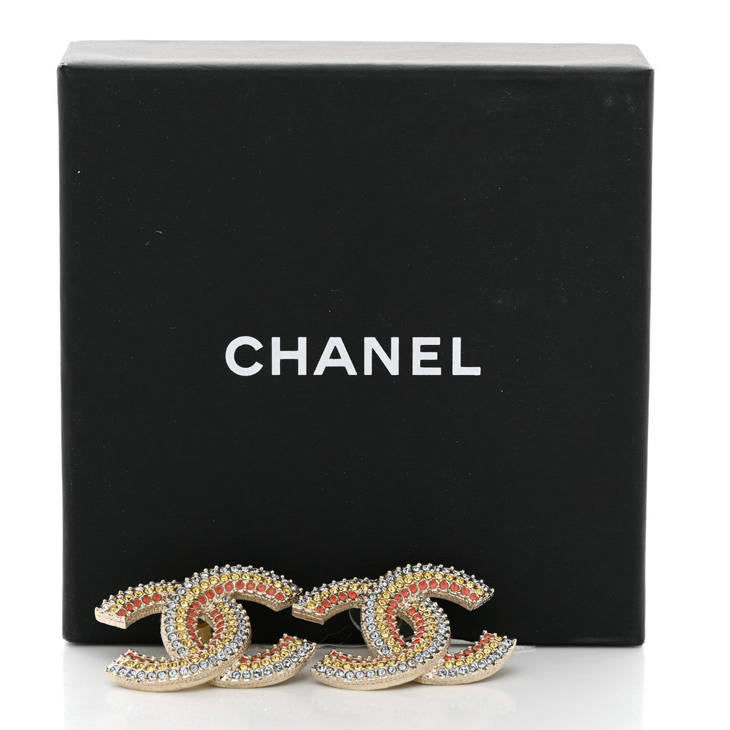 Chanel Crystal CC Earrings Gold Multicolor