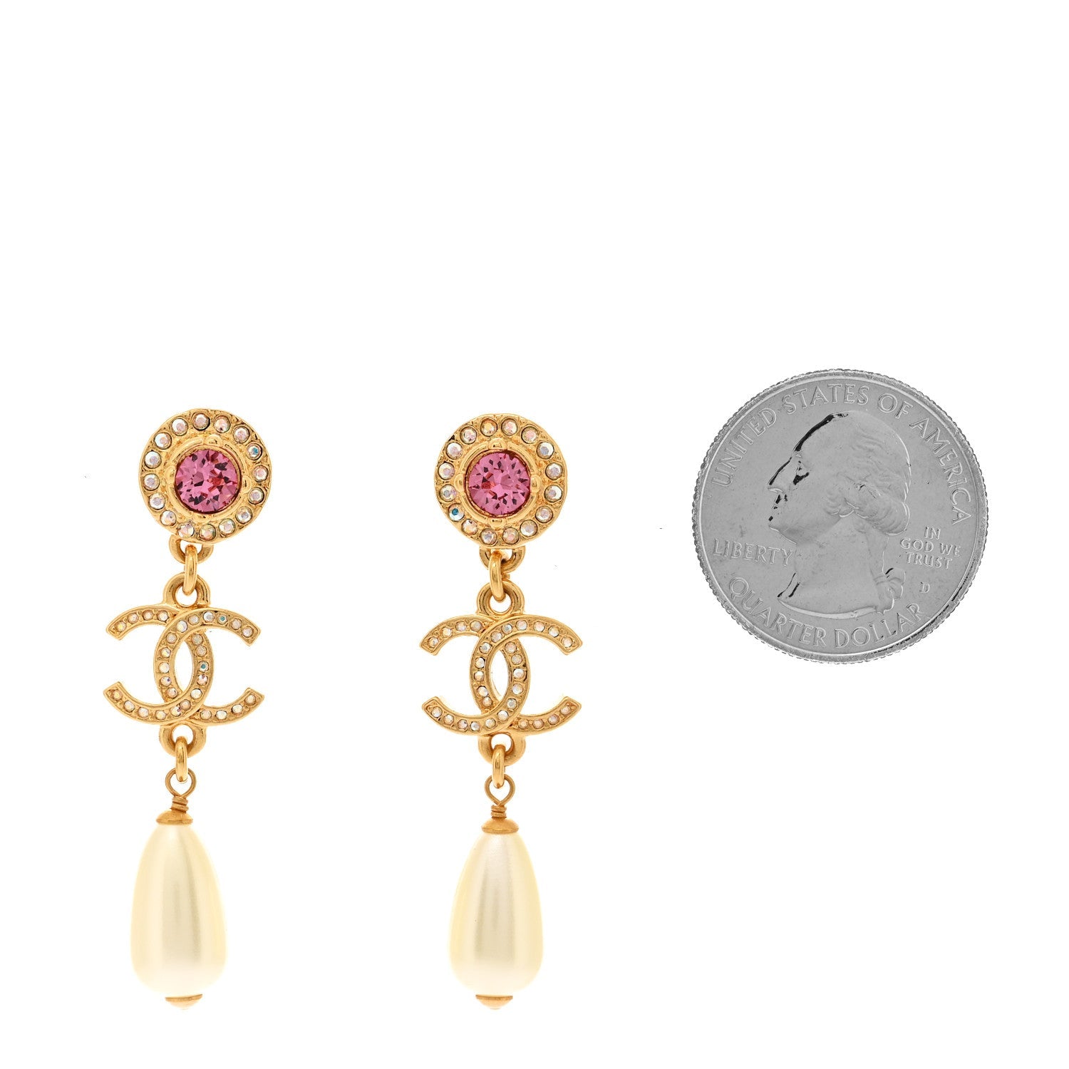 Chanel Metal Crystal Pearl CC Drop Earrings Gold Pink White