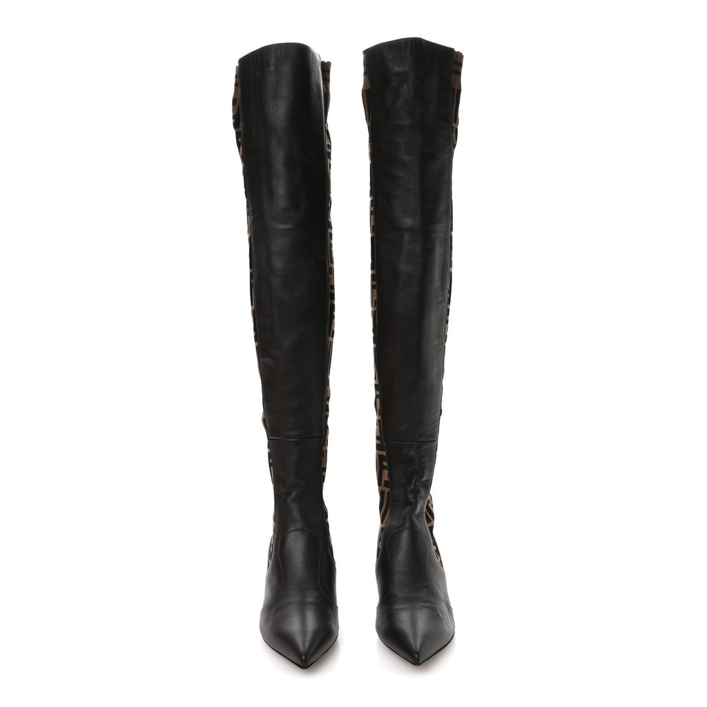 Fendi Nappa Microfiber Fabric FF Rockoko Thigh High Boots 37 Ebano Tobacco Black