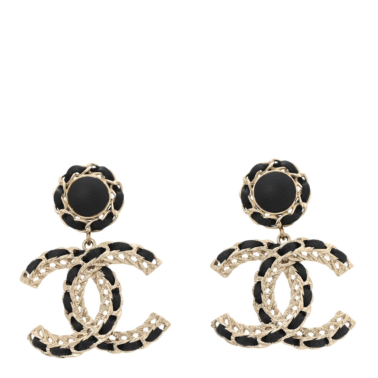 Chanel Lambskin CC Chain Drop Earrings Black Gold