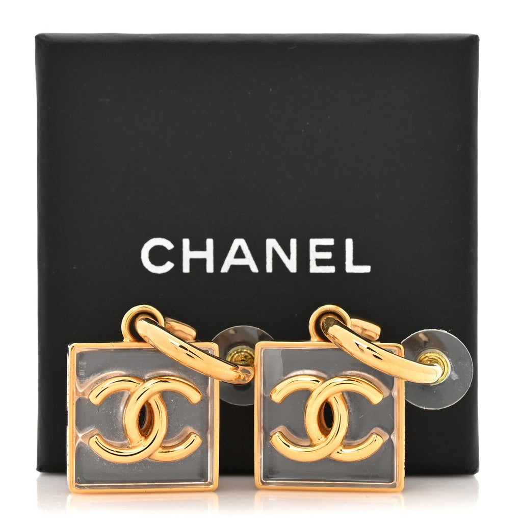 Chanel Metal Resin CC Square Drop Earrings Gold Transparent