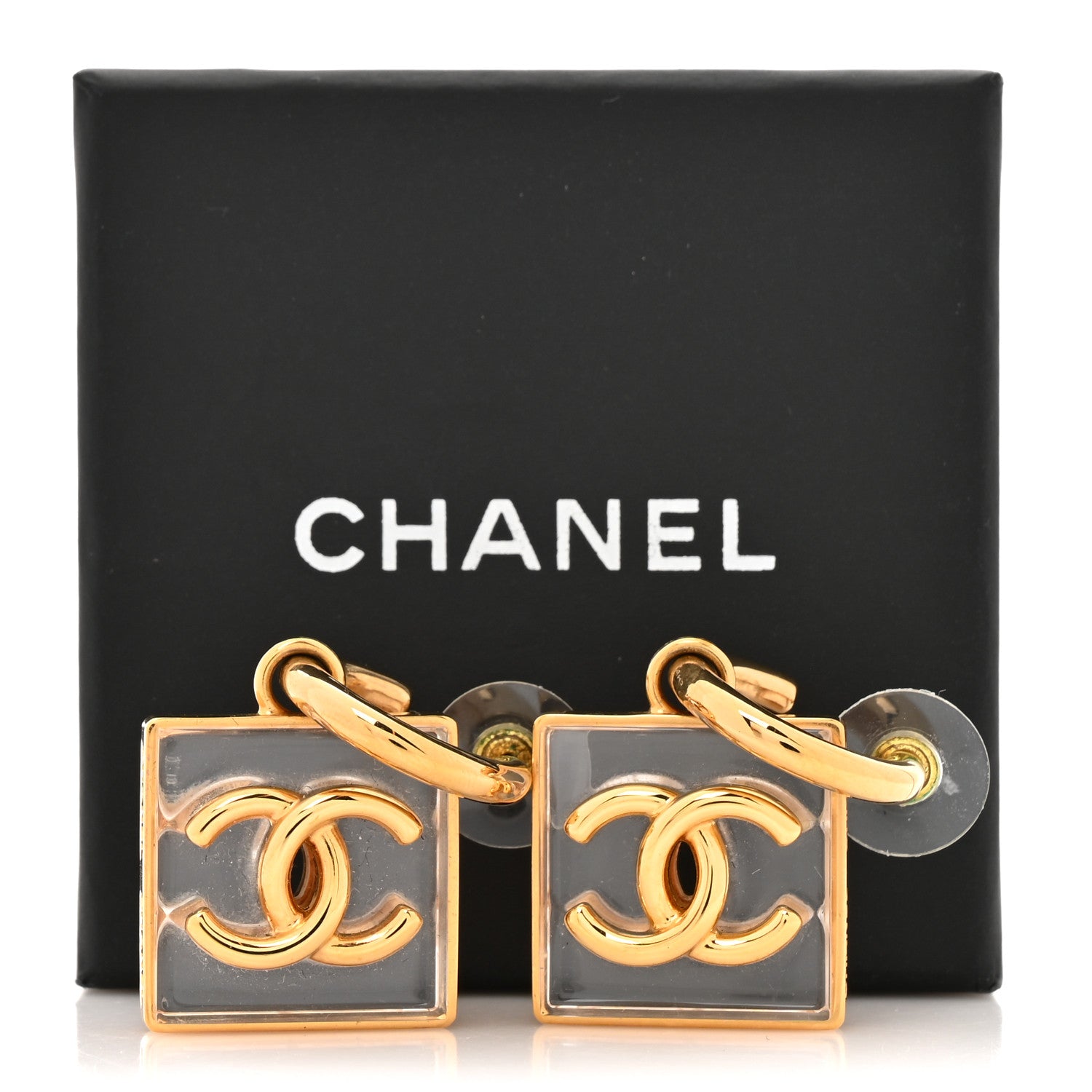 Chanel Metal Resin CC Square Drop Earrings Gold Transparent