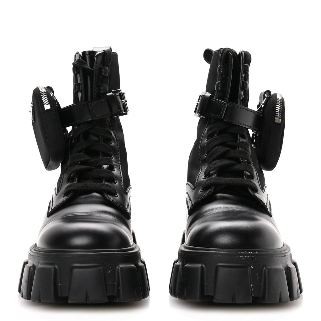 Prada Spazzolato Rois Nylon Metal Triangle Logo Monolith Pouch Pocket 55mm Boots 40 Black