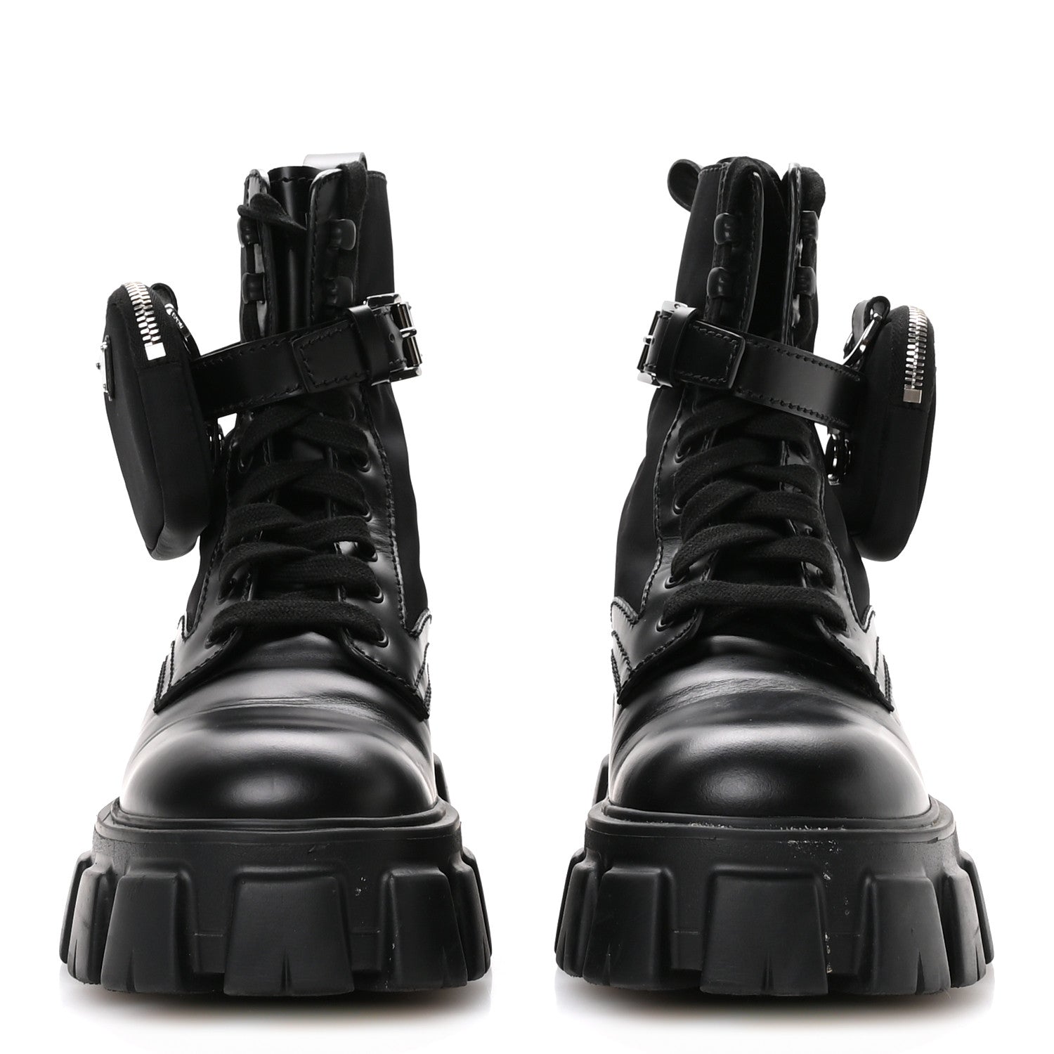 Prada Spazzolato Rois Nylon Metal Triangle Logo Monolith Pouch Pocket 55mm Boots 40 Black