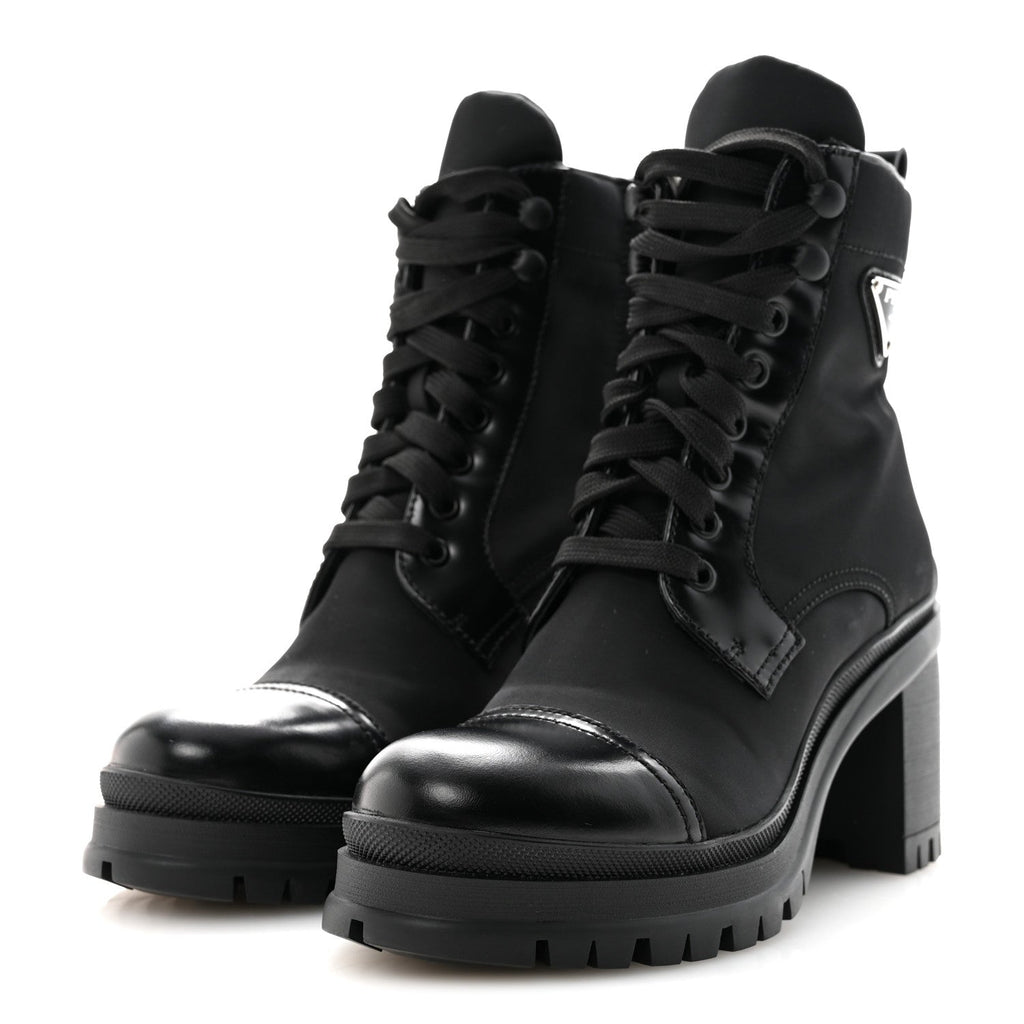 Prada Spazzolato Re-Nylon Metal Triangle Logo Lace Up 85mm Ankle Boots 39 Black