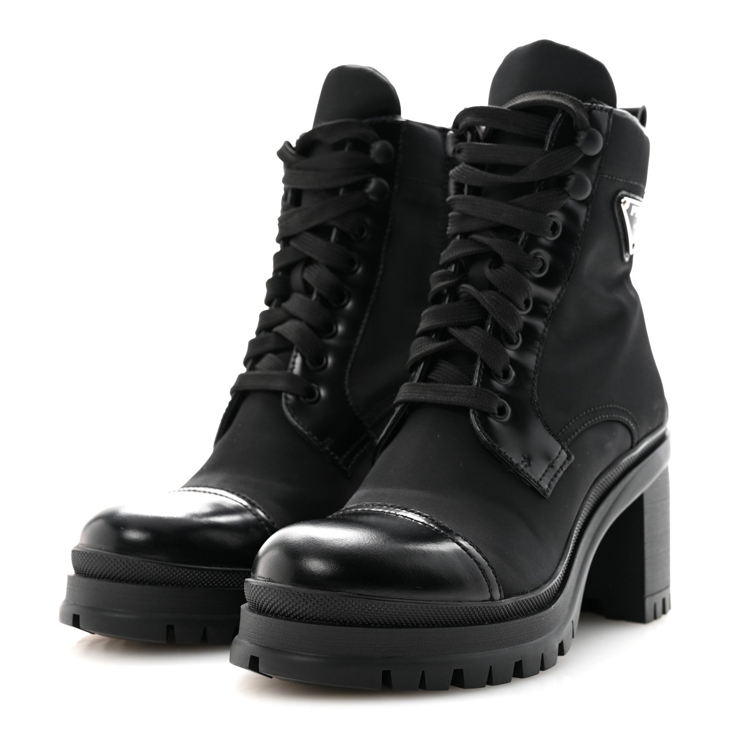 Prada Spazzolato Re-Nylon Metal Triangle Logo Lace Up 85mm Ankle Boots 39 Black