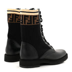 Fendi Calfskin Stretch Fabric Rockoko Biker Boots 37 Tobacco Black Marino
