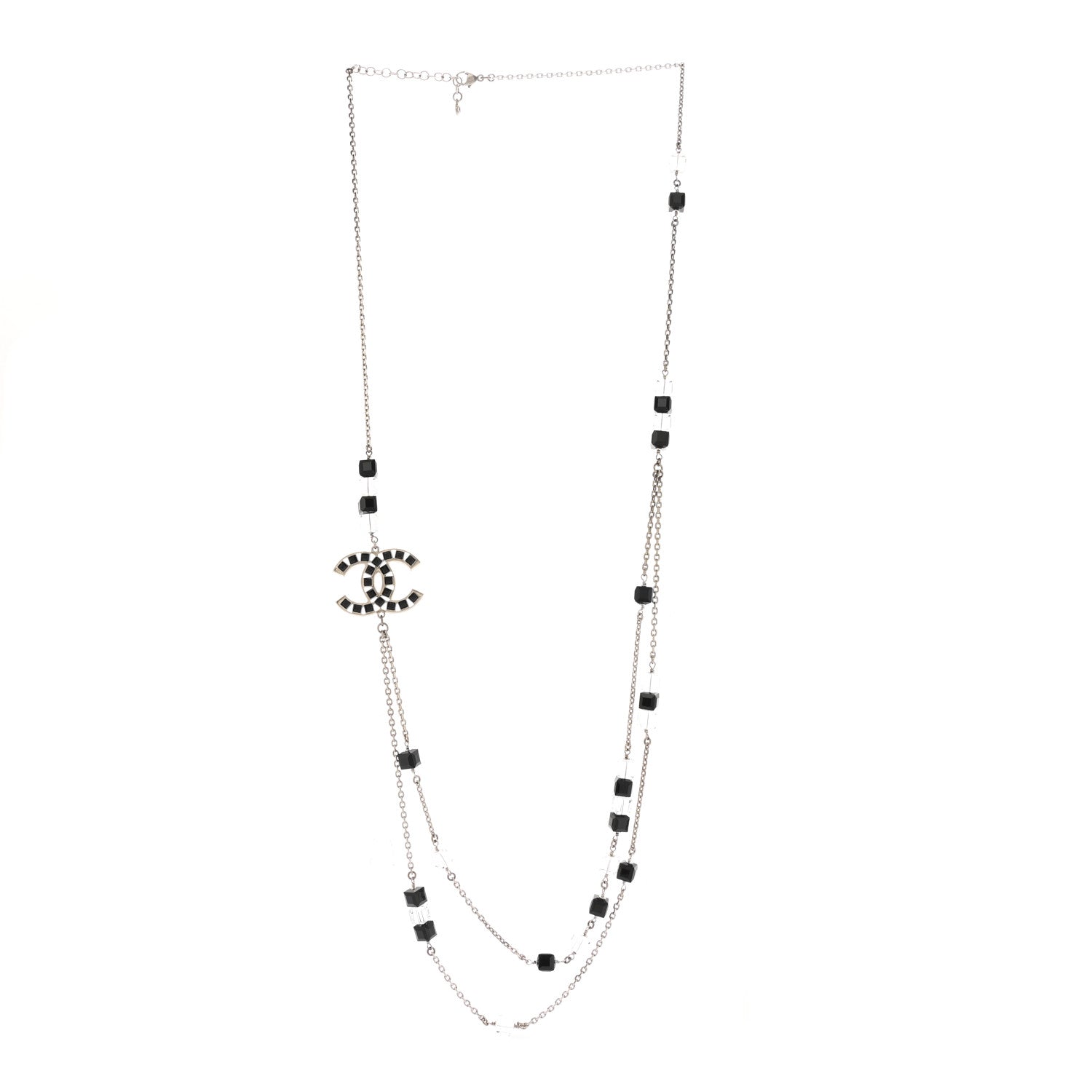 Chanel Crystal Bead CC Long Necklace Silver Black Transparent