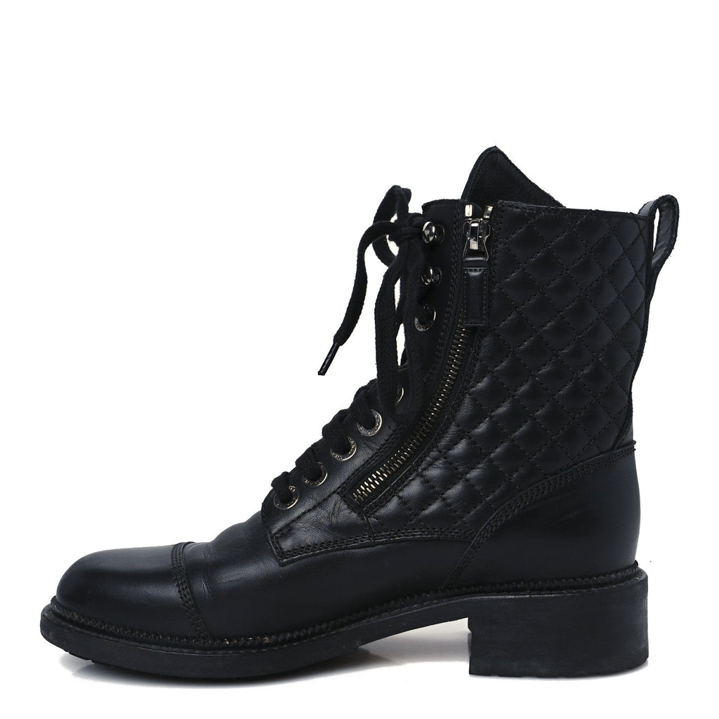 Chanel Calfskin Quilted Lace Up Combat Boots 39 Black