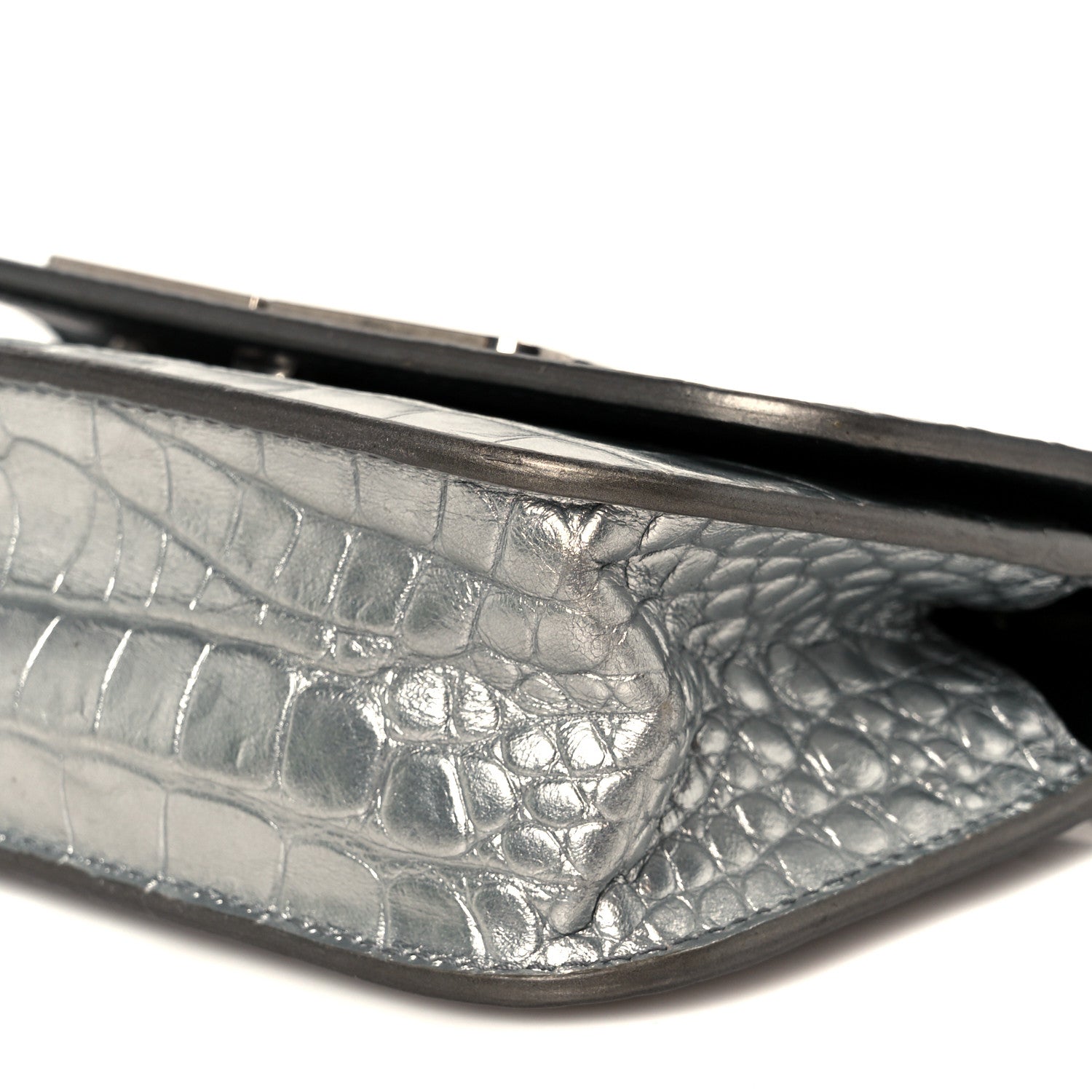 Balenciaga Metallic Extra Supple Calfskin Crocodile Embossed Gossip Wallet On Chain Silver