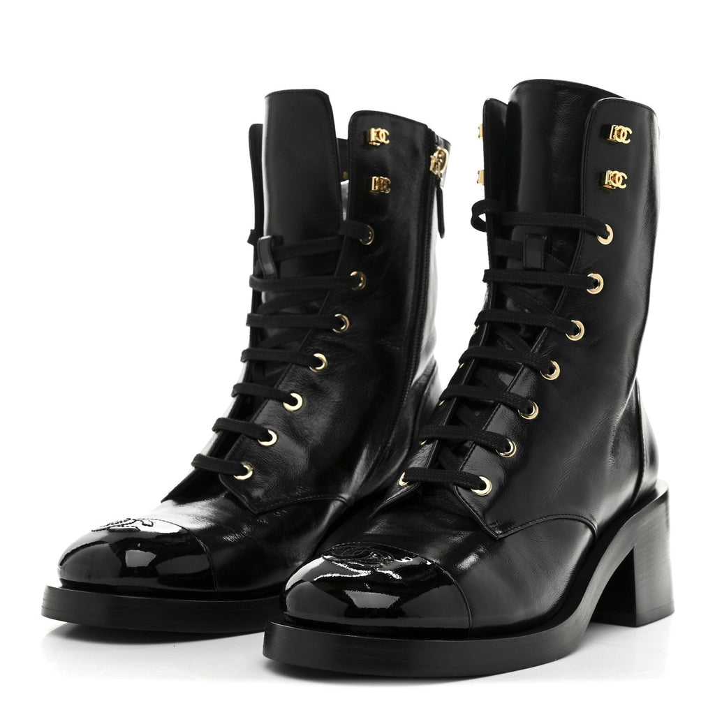 Chanel Shiny Calfskin Patent Cap Toe Lace Up Combat Boots 39 Black