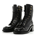 Chanel Shiny Calfskin Patent Cap Toe Lace Up Combat Boots 39 Black