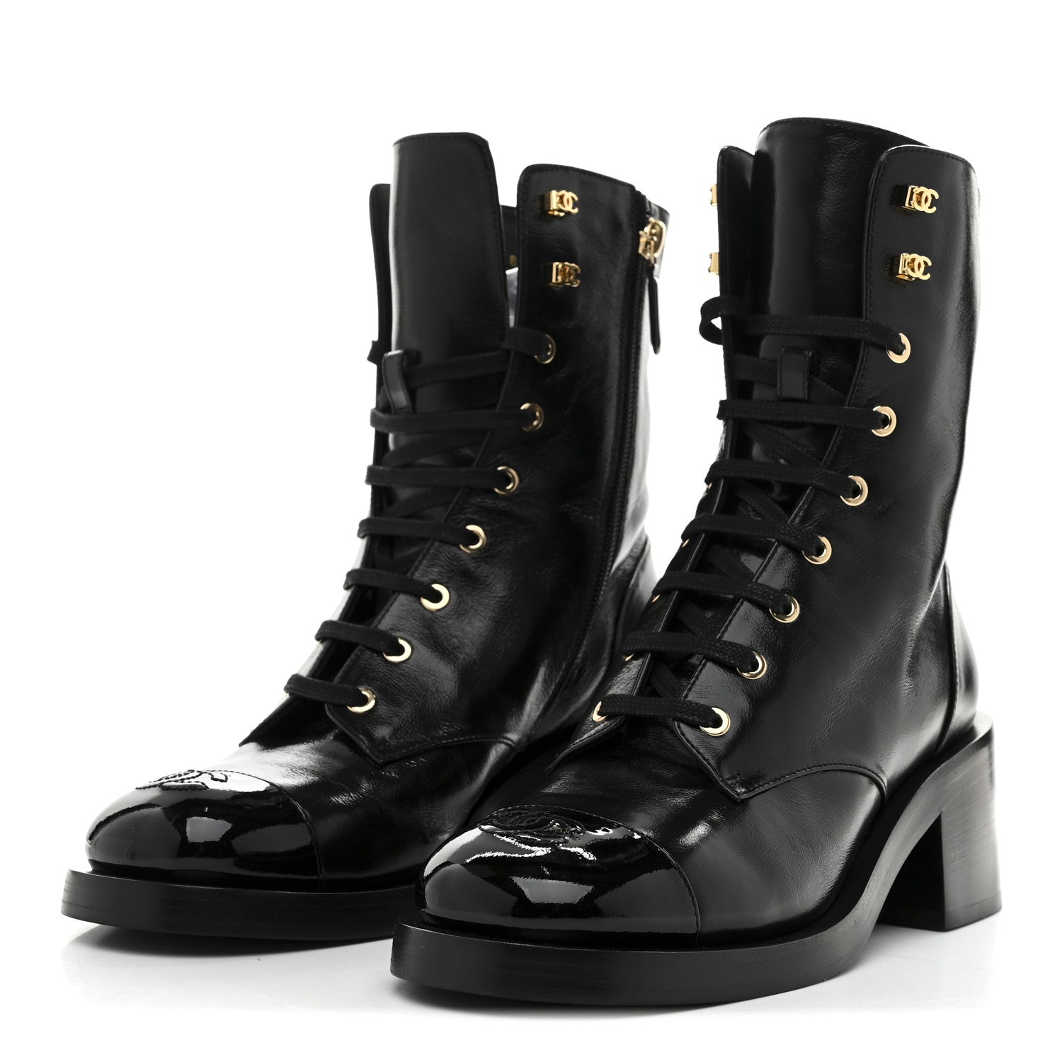 Chanel Shiny Calfskin Patent Cap Toe Lace Up Combat Boots 39 Black