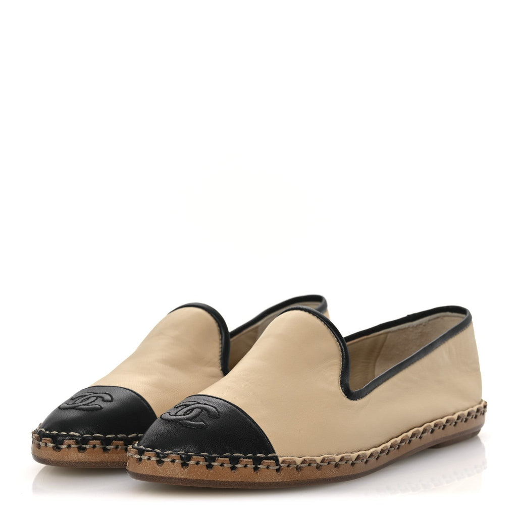 Chanel Lambskin Chain CC Mocassin Loafer Espadrilles 36 Beige Black