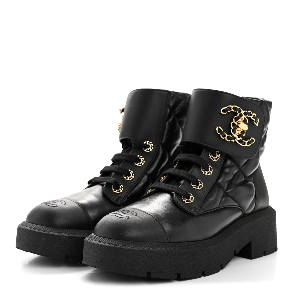 Chanel Lambskin Calfskin Quilted Lace Up Combat Boots 38 Black
