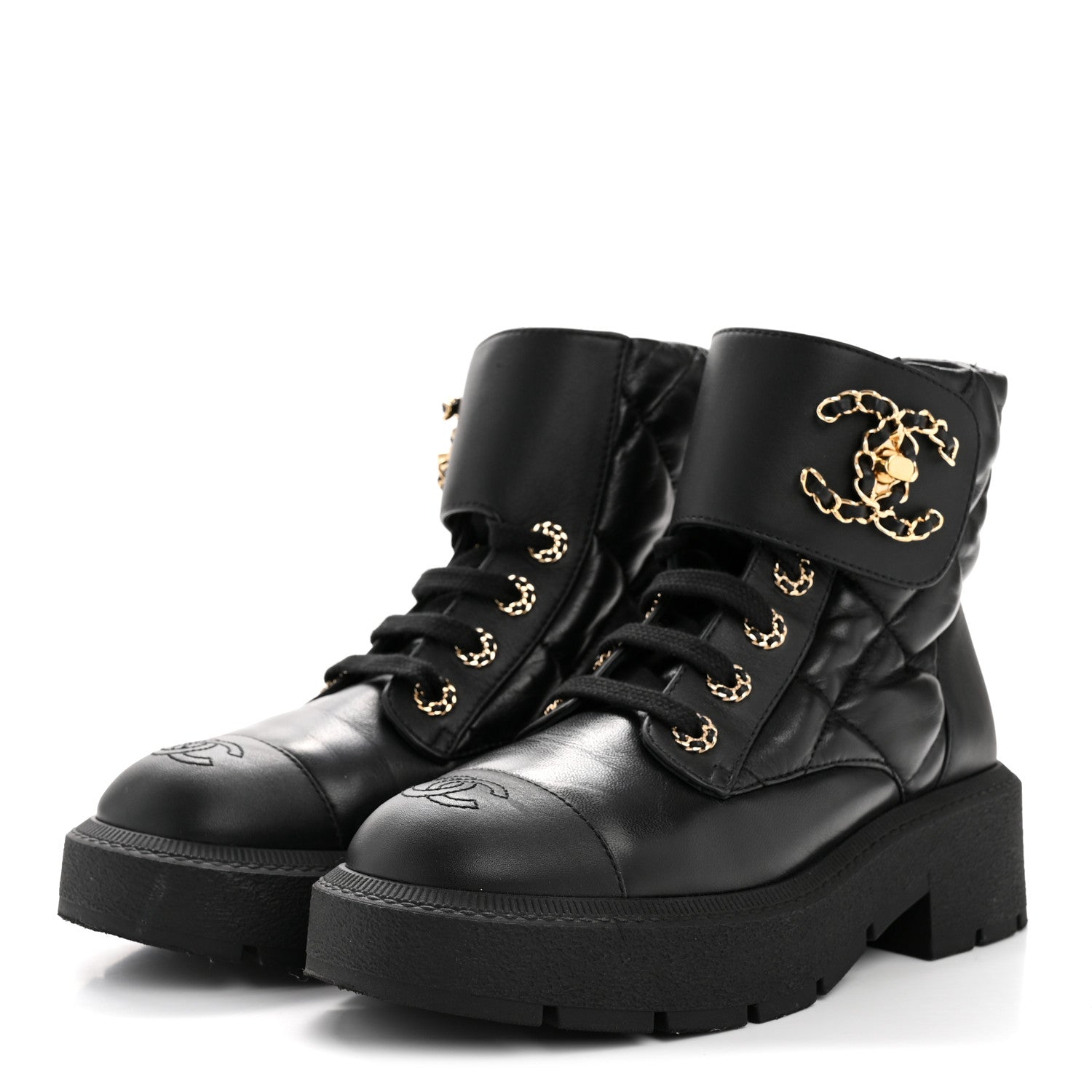 Chanel Lambskin Calfskin Quilted Lace Up Combat Boots 38 Black