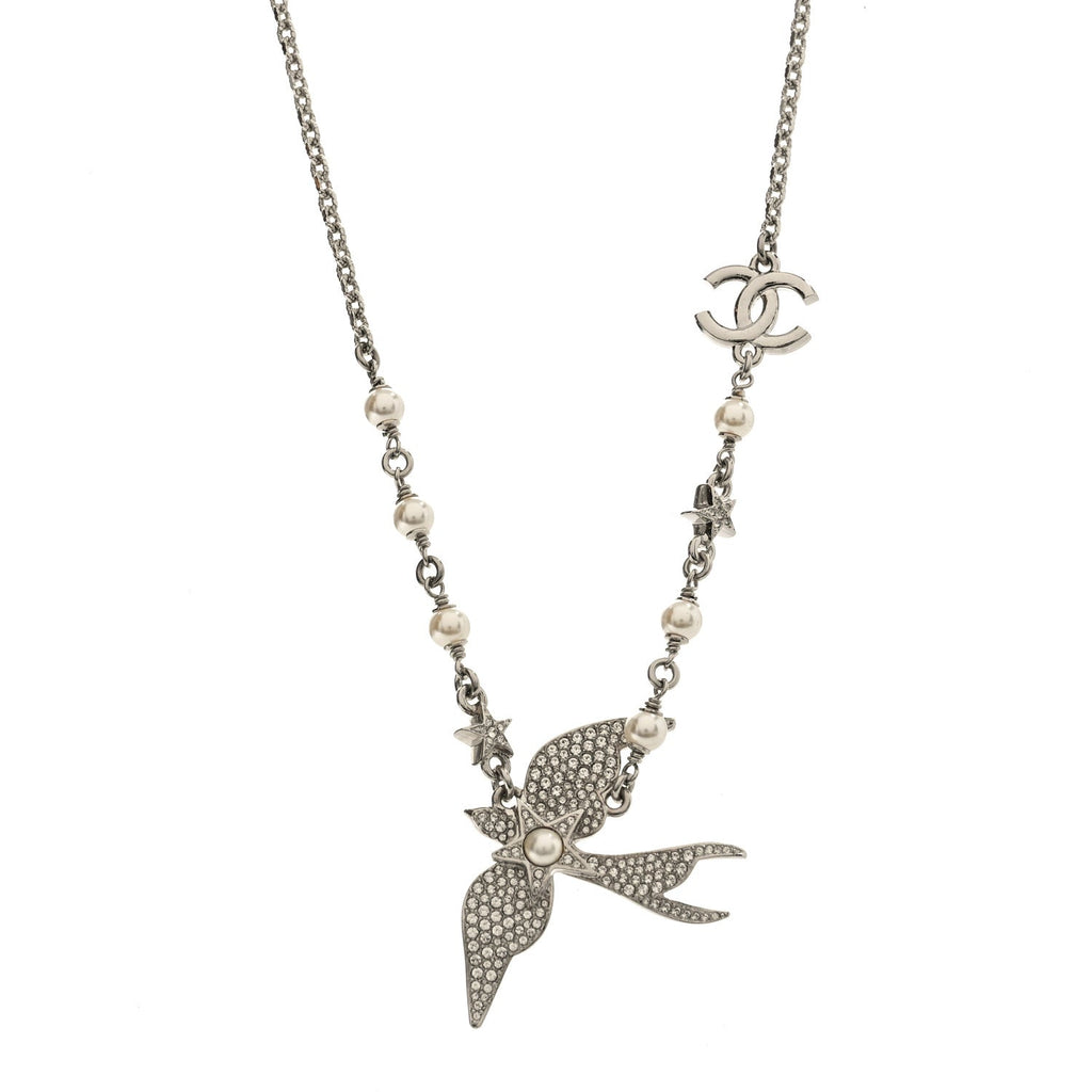 Chanel Pearl Crystal CC Star Bird Necklace Silver Pearly White