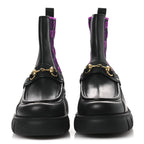 Gucci Quebec Calfskin Technical Jersey Knit GG Monogram Horsebit Ankle Boots 42 Black Fucsia