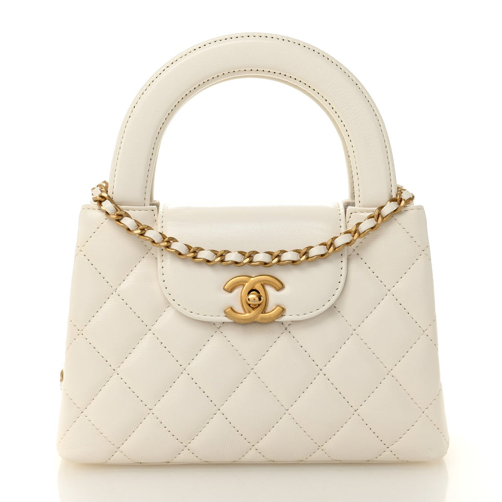 Chanel Shiny Aged Calfskin Quilted Nano Kelly Shopper White