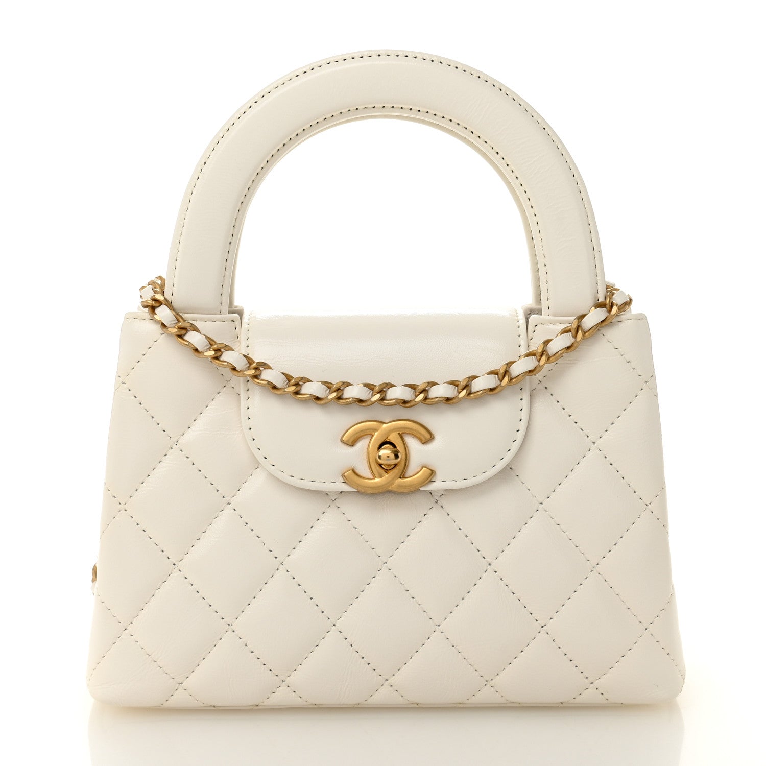 Chanel Shiny Aged Calfskin Quilted Nano Kelly Shopper White