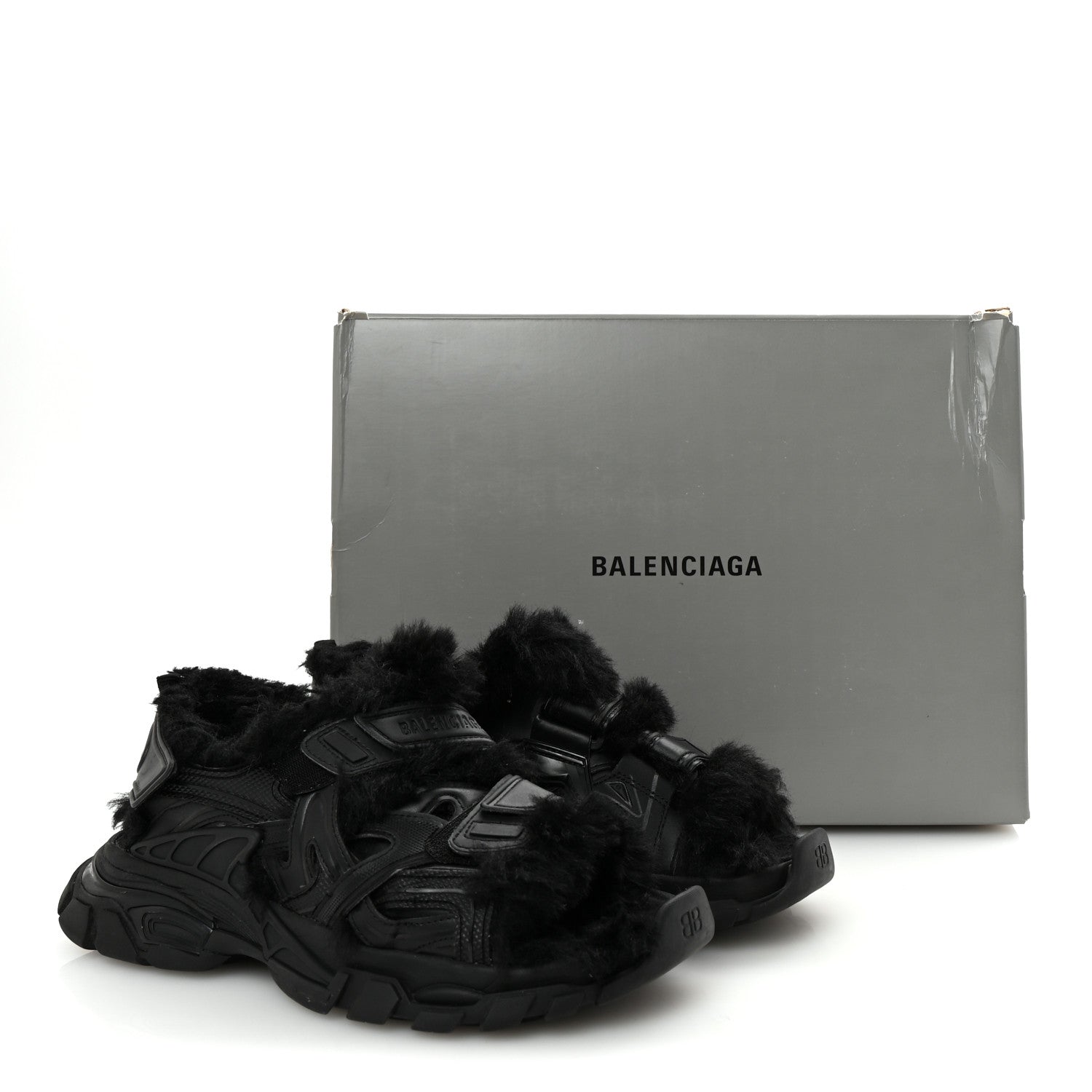 Balenciaga Faux Fur Rubber Mesh Womens Track Sandals 40 Black