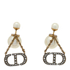 Christian Dior Pearl Crystal Tribal CD Drop Earrings Gold