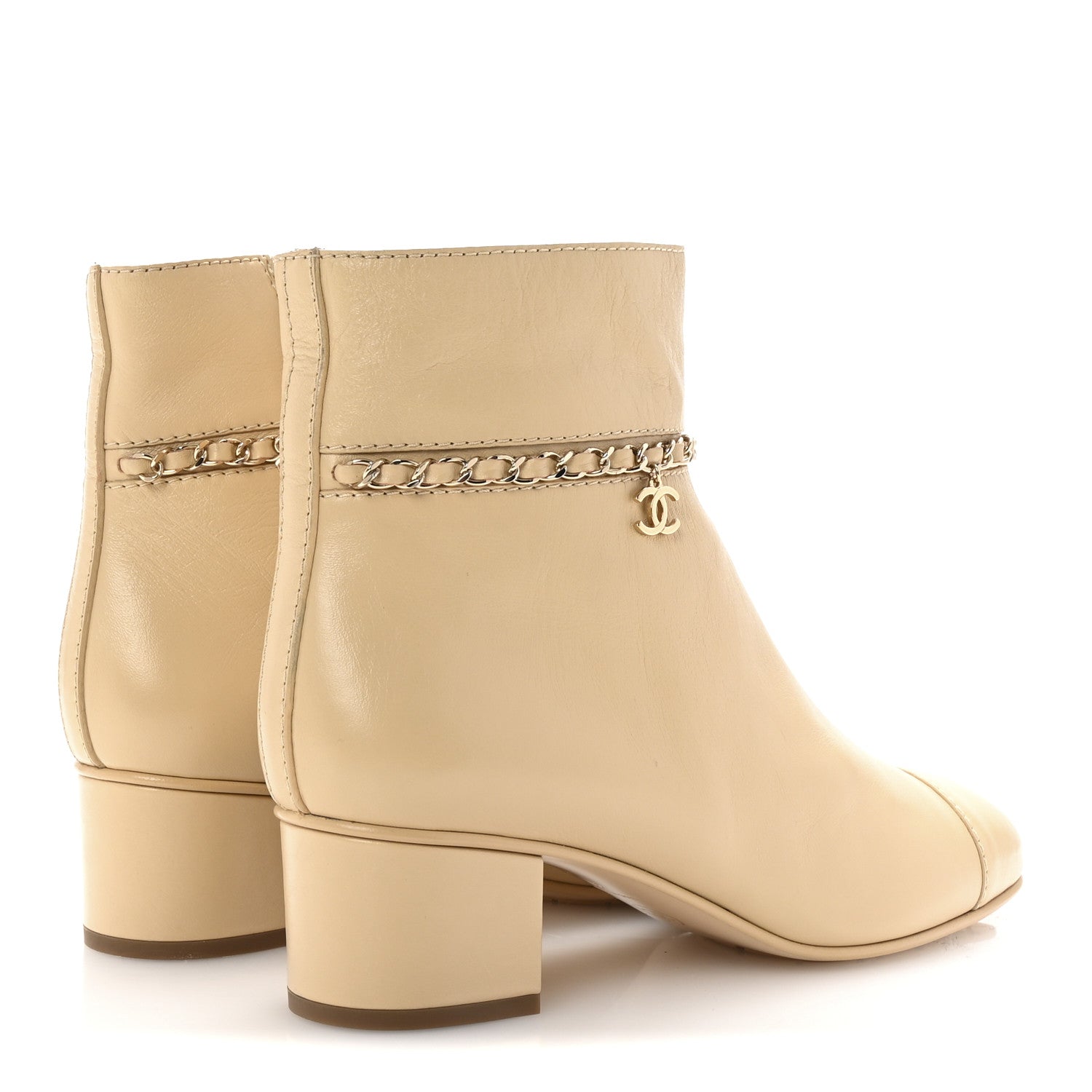 Chanel Calfskin Cap Toe Chain Short Boots 41 Beige
