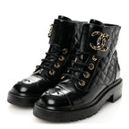 Chanel Shiny Calfskin Quilted Lace Up Combat Boots 37.5 Black
