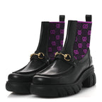Gucci Quebec Calfskin Technical Jersey Knit GG Monogram Horsebit Ankle Boots 42 Black Fucsia