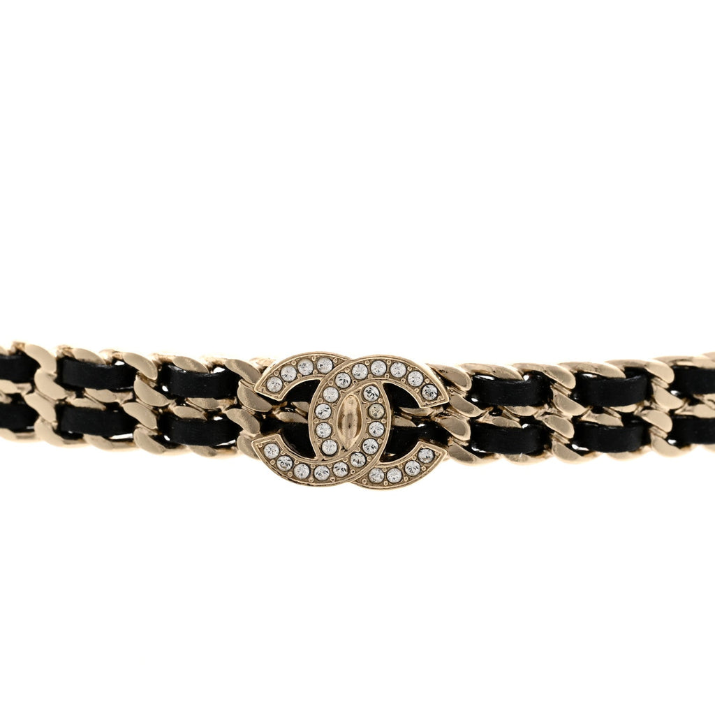 Chanel Metal Lambskin Crystal CC Choker Necklace Black Gold