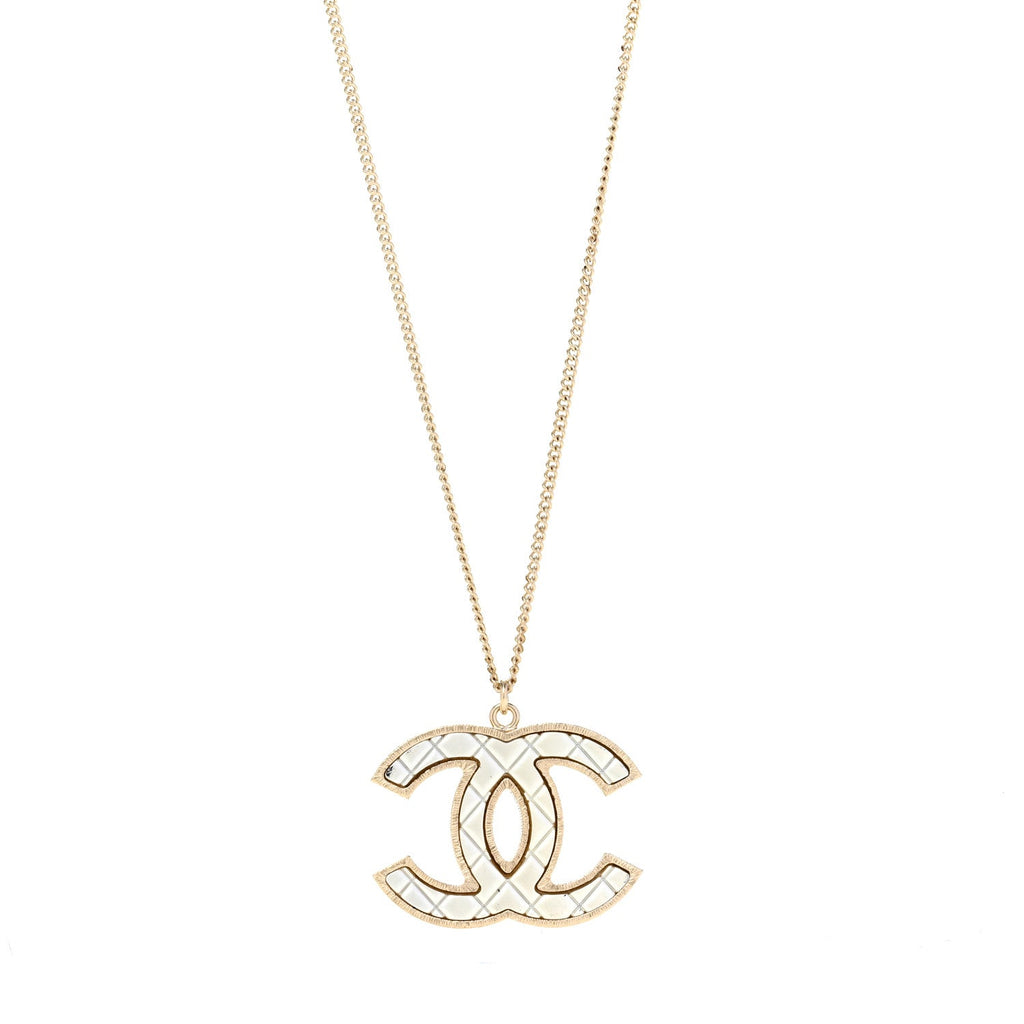 Chanel Metal Quilted CC Pendant Necklace Gold White