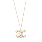 Chanel Metal Quilted CC Pendant Necklace Gold White
