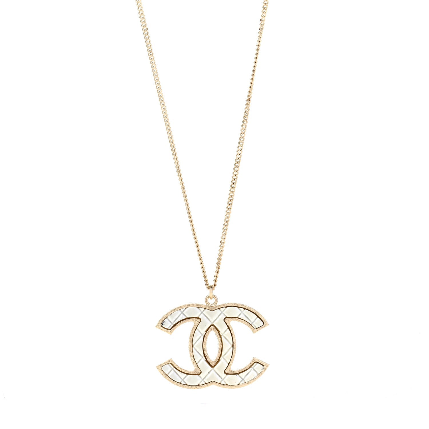 Chanel Metal Quilted CC Pendant Necklace Gold White